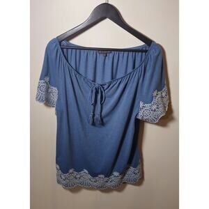 Adrianna Papell Blue Embroidered Boho Peasant Top Women’s Large Tie Neck Blouse